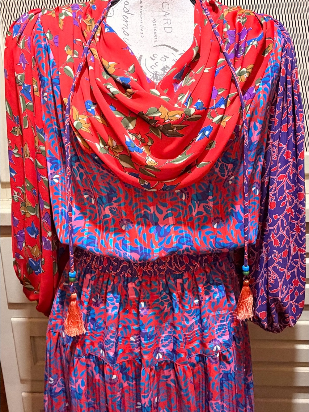 Vintage 80s Diane Freis Original Georgette Dress Boho Tassel Smocked Waist - Picture 2 of 4